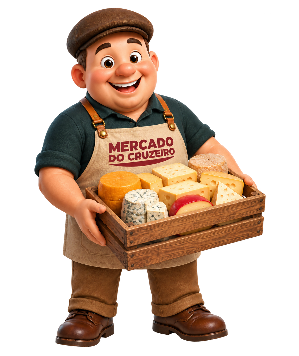 Mascote do Mercado apresentando uma seleção de queijos
